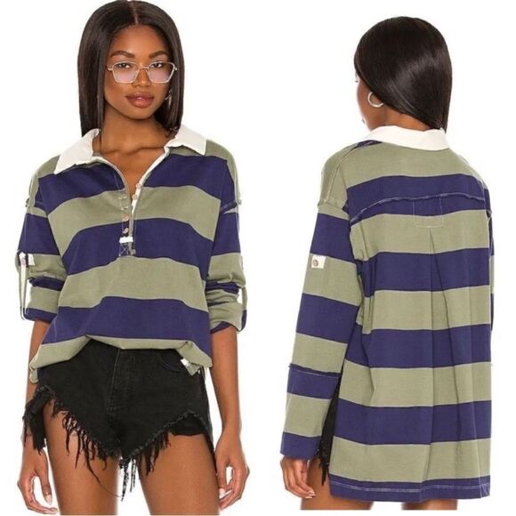 Free People NWT Peyton Rugby Tee in Army Navy Combo Size XS - Picture 2 of 13